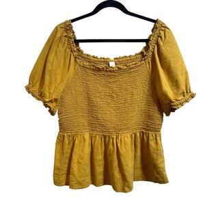 Old Navy Puff Sleeve Smocked Peplum Blouse Mustard Yellow Linen Women's Large